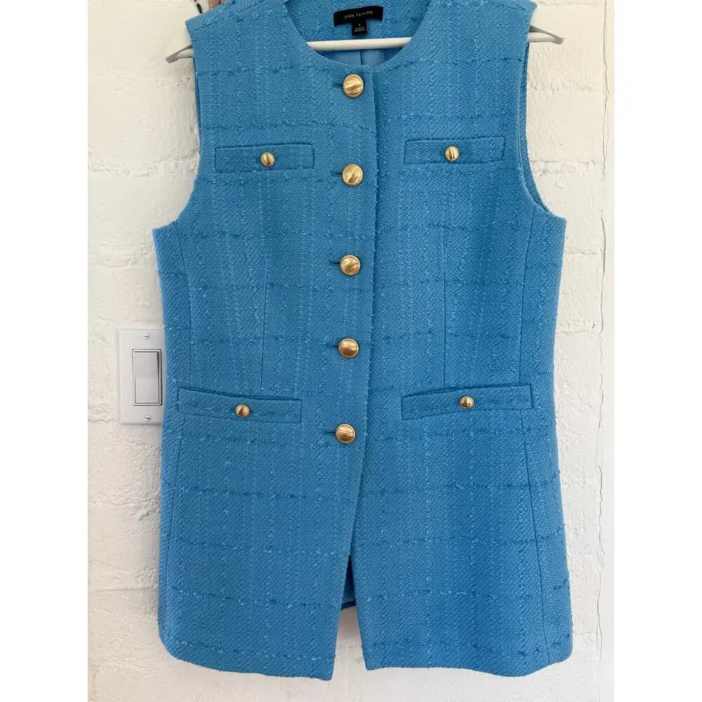 Ann Taylor Sky Blue Tweed Vest Shorts Set Gold Button Preppy Coastal 8 10 - Picture 4 of 12